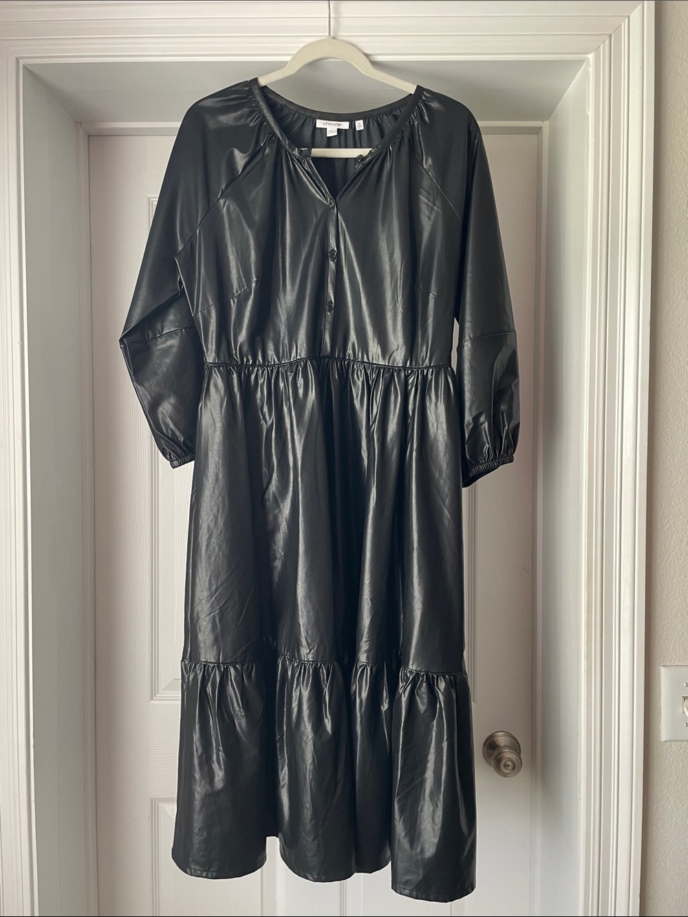Chico's Black Faux Leather Tiered Midi Dress - Long Sleeve